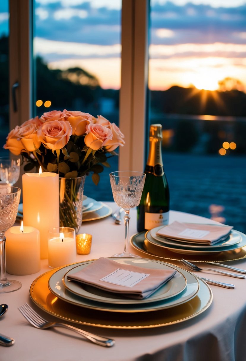 A candlelit table set with fine china, a bouquet of roses, and a bottle of champagne. Soft music plays in the background as the sun sets outside the window