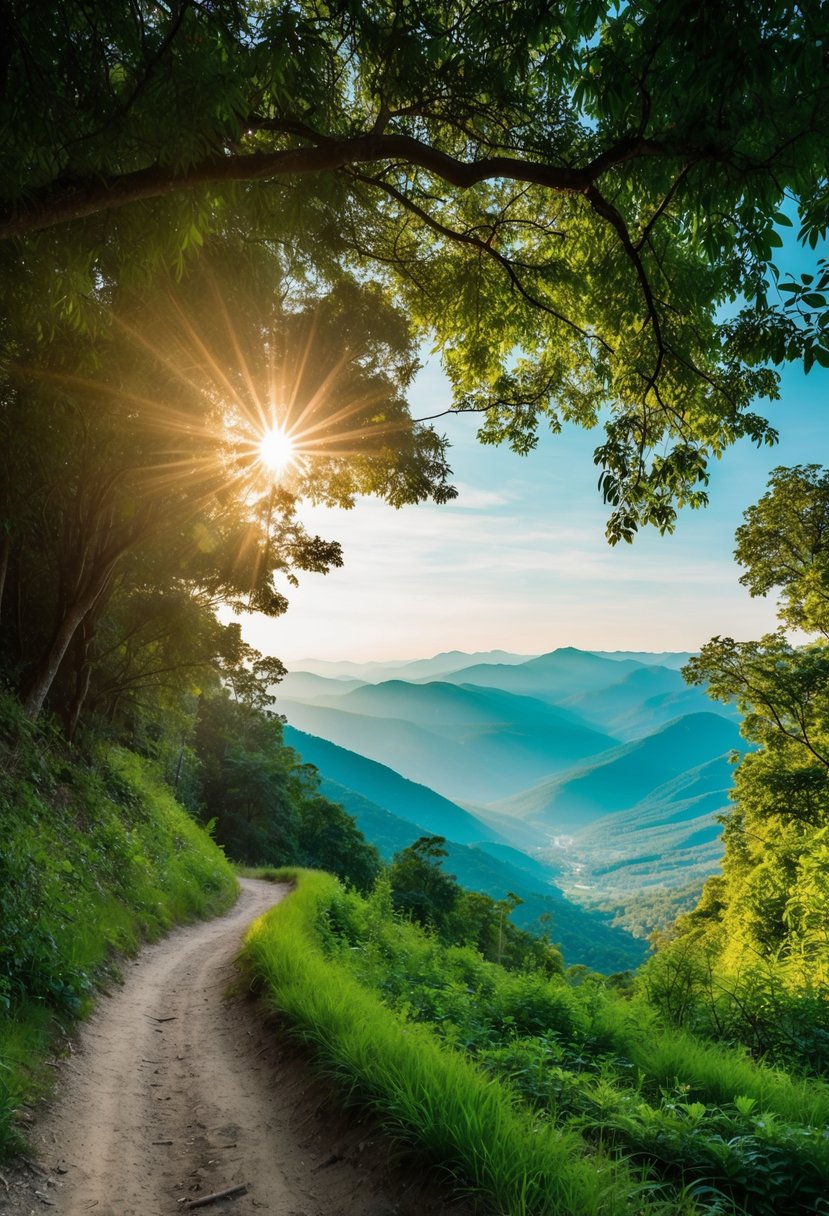 A winding trail through lush forest, sunlight filtering through the canopy, leading to a breathtaking vista of mountains and valleys