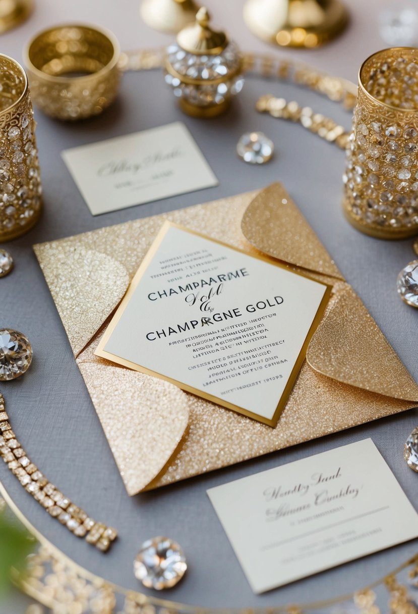 A glistening champagne gold wedding invitation surrounded by elegant glittering details and luxurious accents