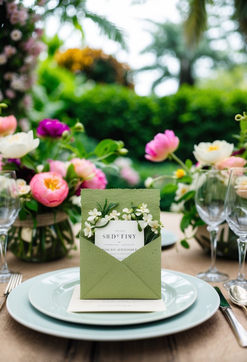 A lush garden setting with blooming flowers and a table adorned with elegant, eco-friendly seed paper wedding invitations