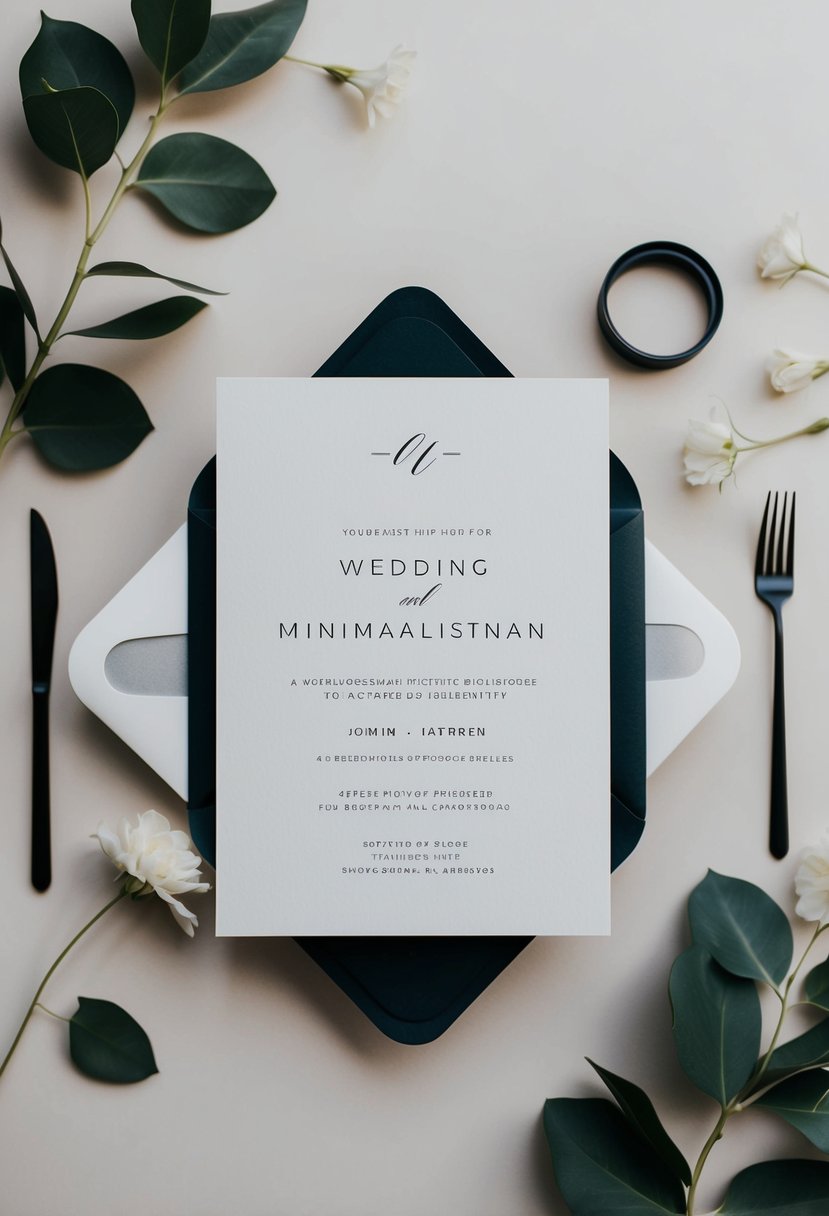 A sleek, monochrome wedding invitation with clean lines and minimalistic design