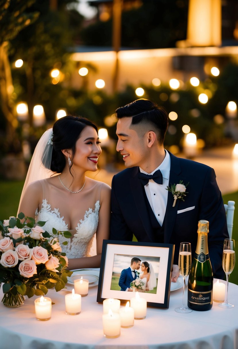 A couple sitting at a candlelit table with a bouquet of roses, a bottle of champagne, and a framed wedding photo