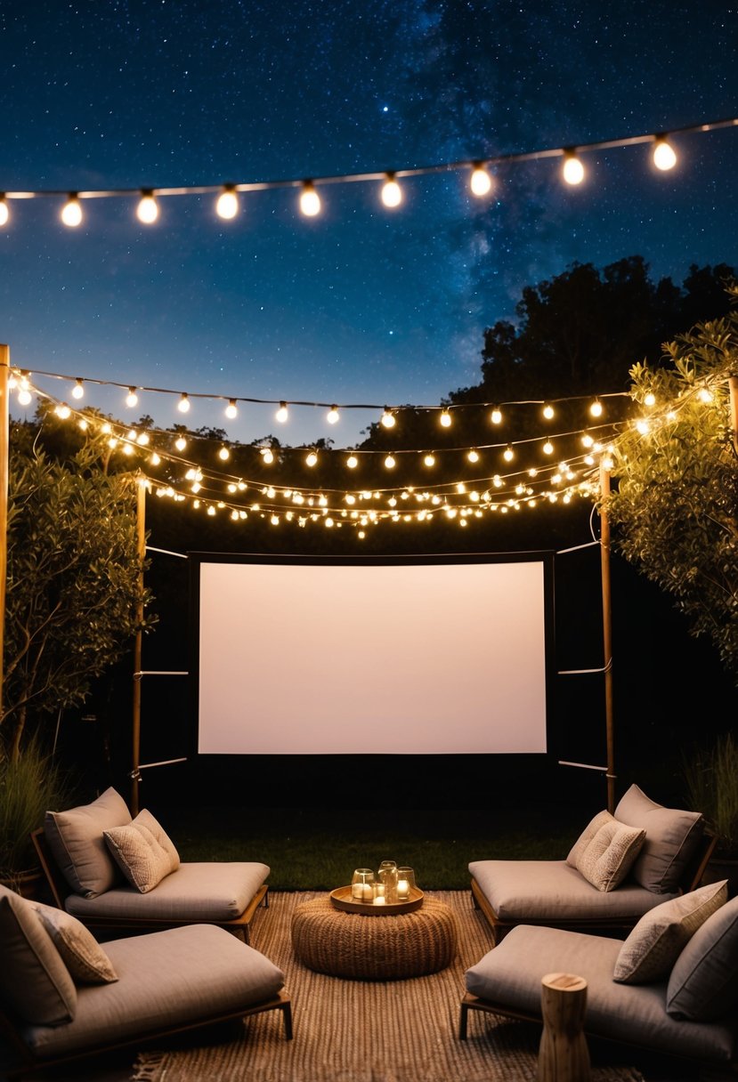 A cozy outdoor setting with a large screen and comfy seating, surrounded by twinkling string lights and a starry night sky