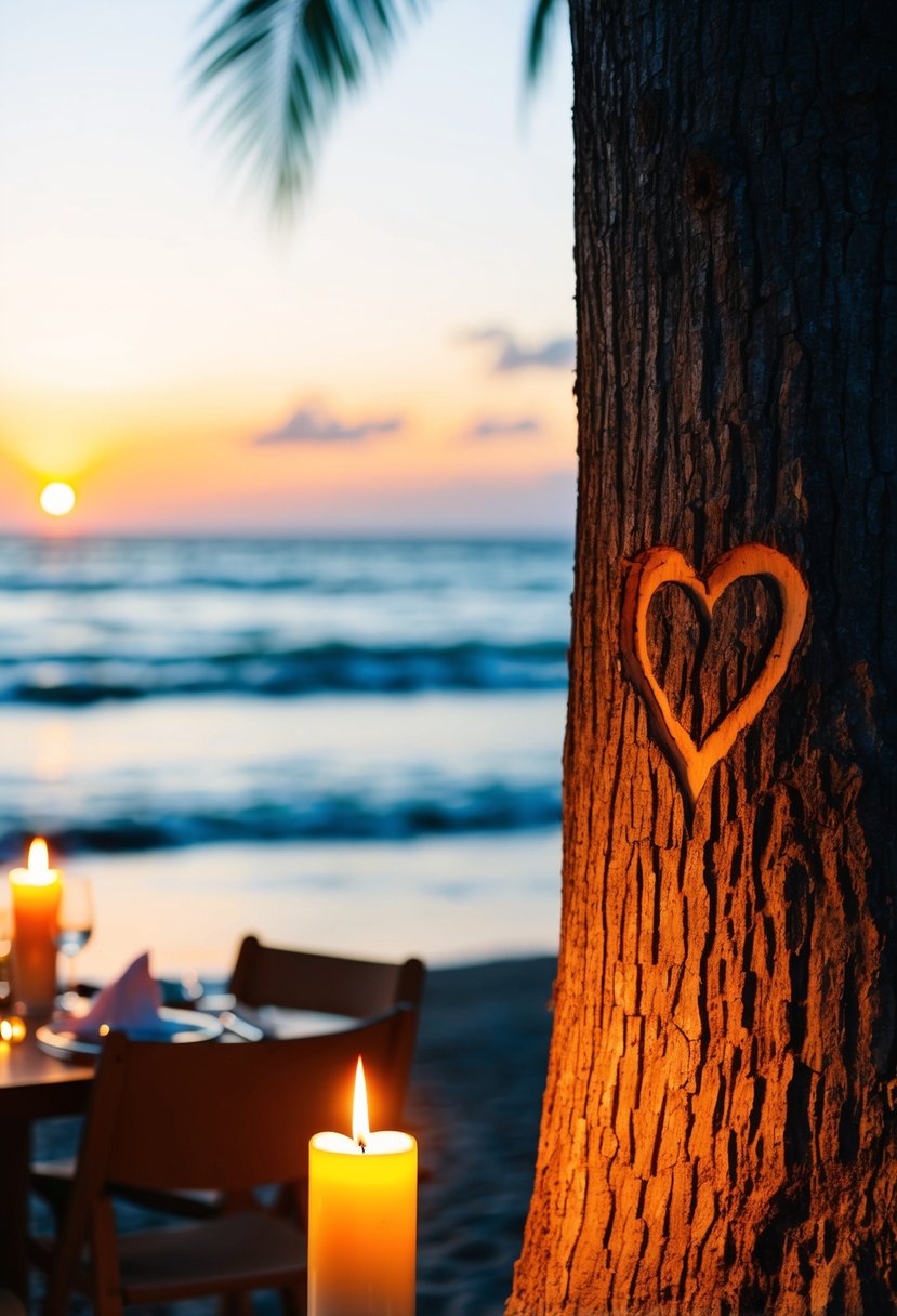 A candlelit dinner on a beach at sunset, with a couple's initials carved into a tree nearby