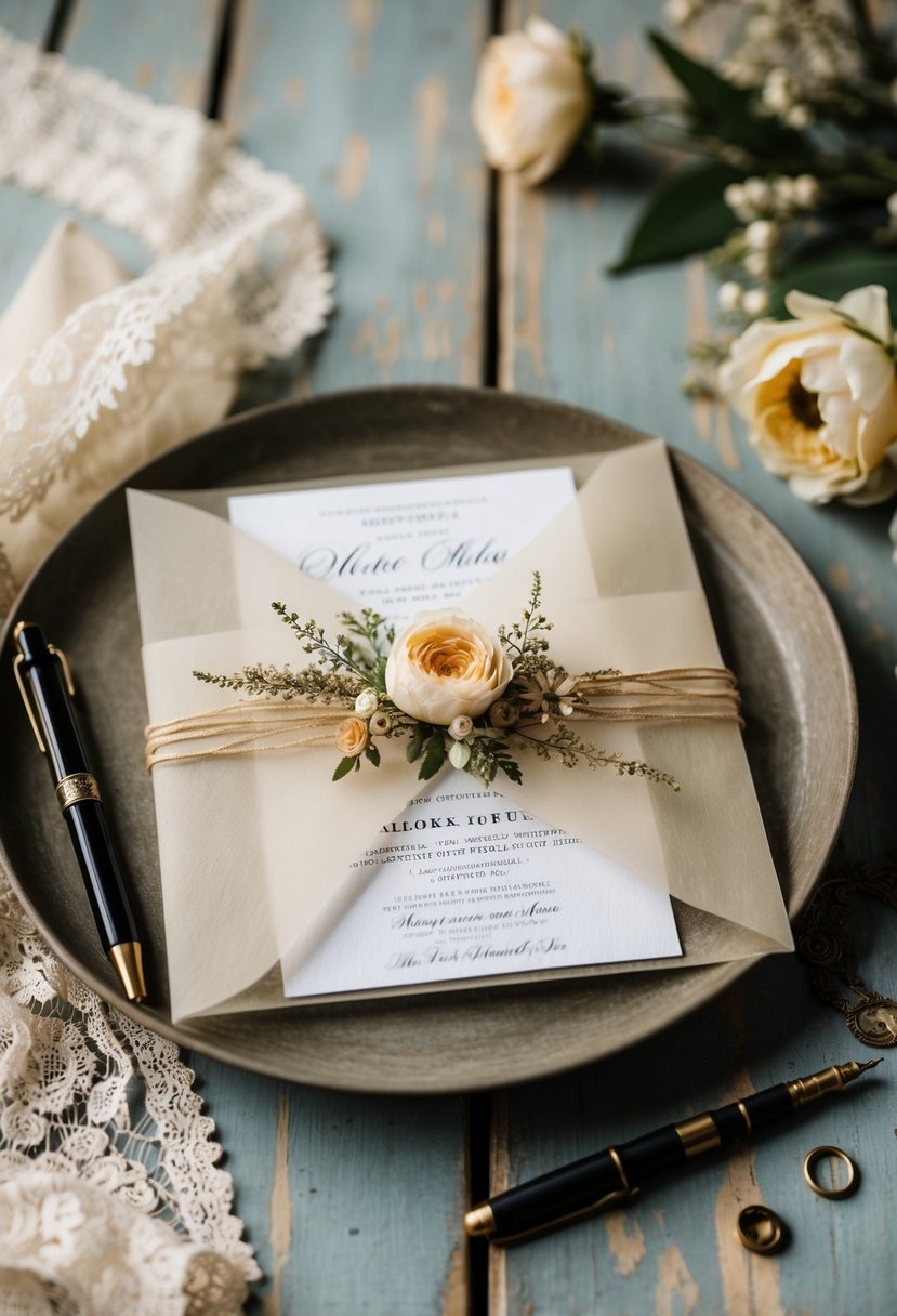 A rustic vellum wrapped invitation with delicate floral accents sits on a weathered wooden table, surrounded by vintage lace and antique calligraphy pens