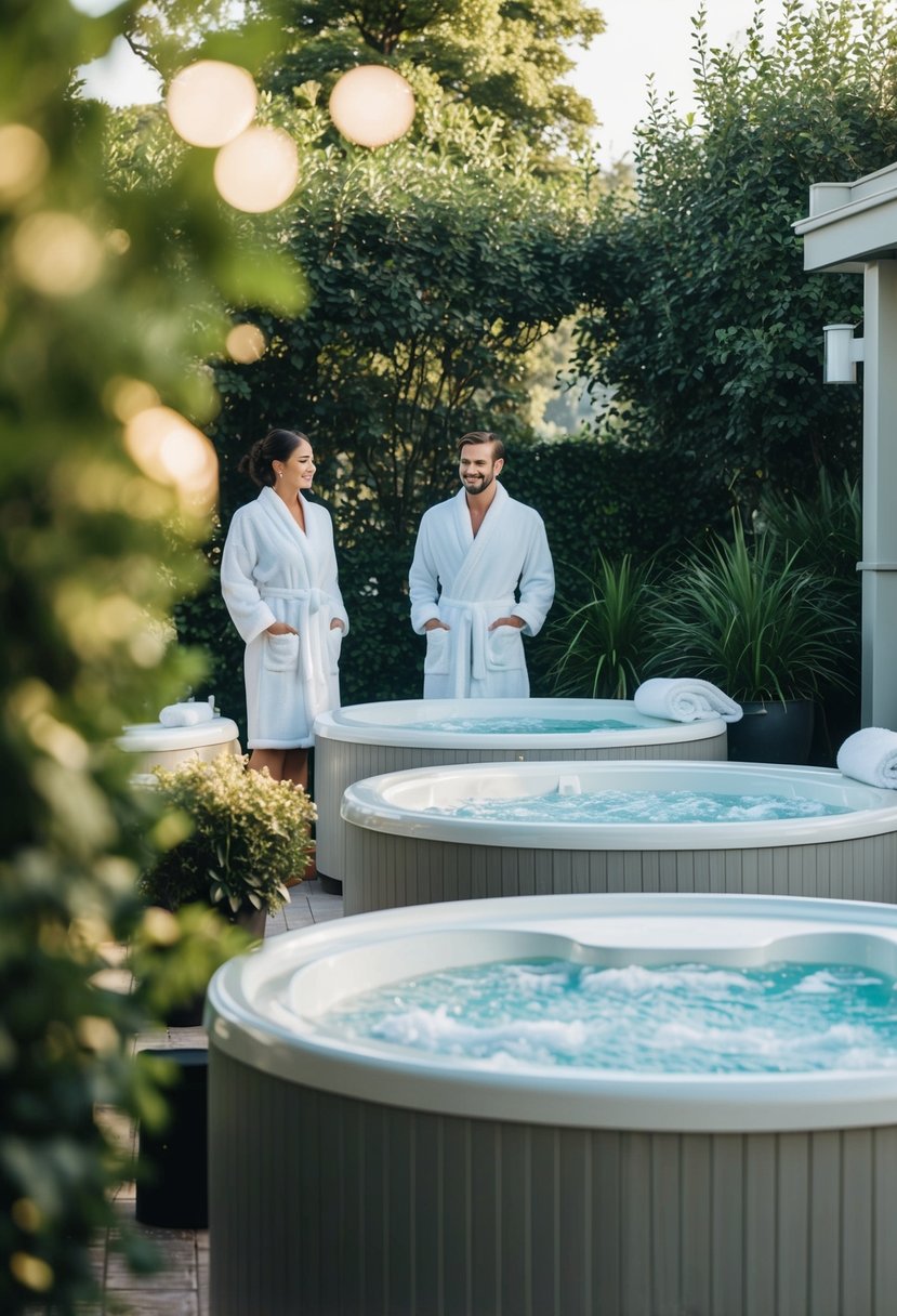 A serene spa with plush robes, soft lighting, and bubbling hot tubs surrounded by lush greenery