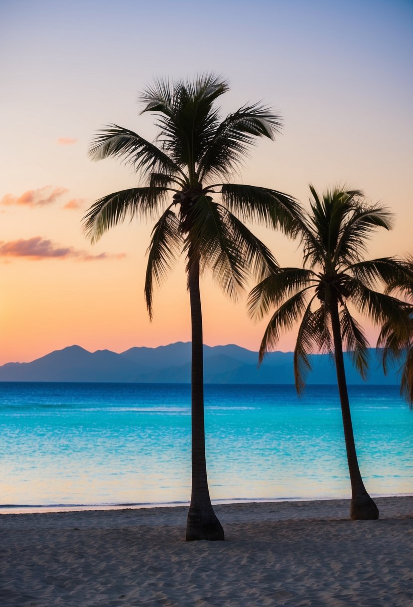 A secluded beach with palm trees and a sunset, overlooking crystal clear waters and a distant mountain range