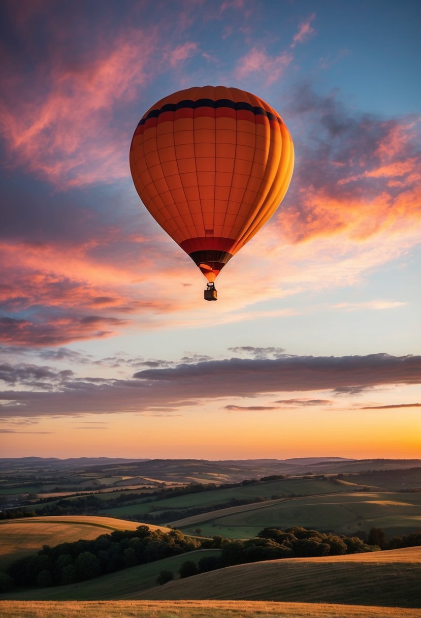 A hot air balloon floats above a picturesque landscape at sunset, with colorful clouds in the sky and rolling hills below