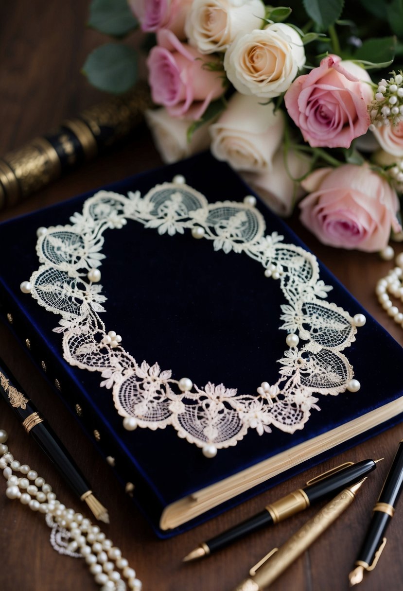 A vintage velvet folder adorned with intricate lace and delicate pearls, nestled among a bouquet of roses and antique calligraphy pens