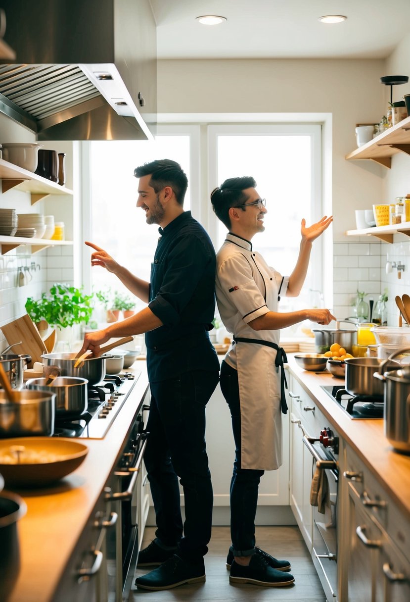 A couple stands side by side in a brightly lit kitchen, surrounded by pots, pans, and ingredients. A chef gestures enthusiastically as they work together on a dish