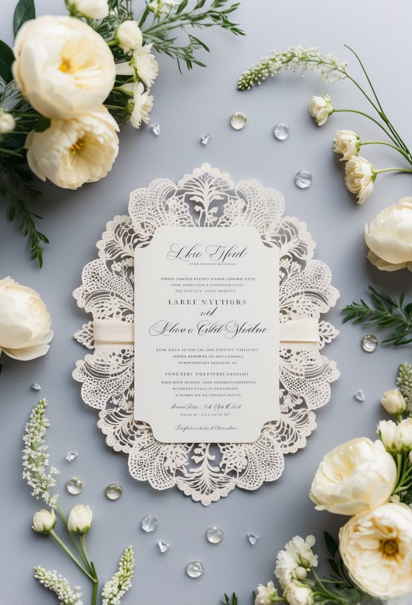 A laser-cut lace wedding invitation surrounded by delicate floral accents and elegant calligraphy