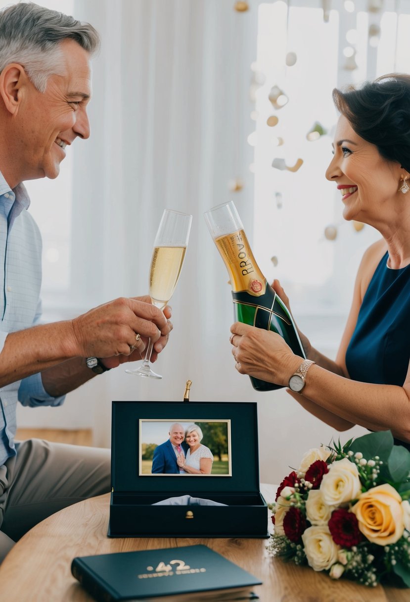 A couple exchanging personalized gifts, surrounded by symbols of their 42 years together - a photo album, a bouquet of flowers, and a bottle of champagne