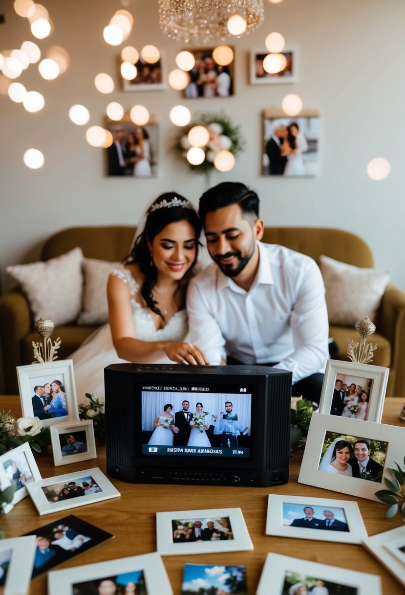 A couple watching their wedding video, surrounded by family photos and anniversary decorations