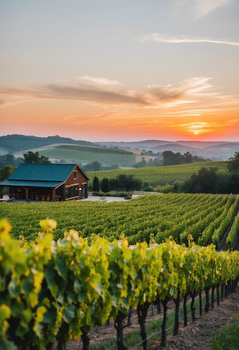 A serene vineyard setting with rows of grapevines, a rustic tasting room, and a picturesque view of rolling hills and a sunset