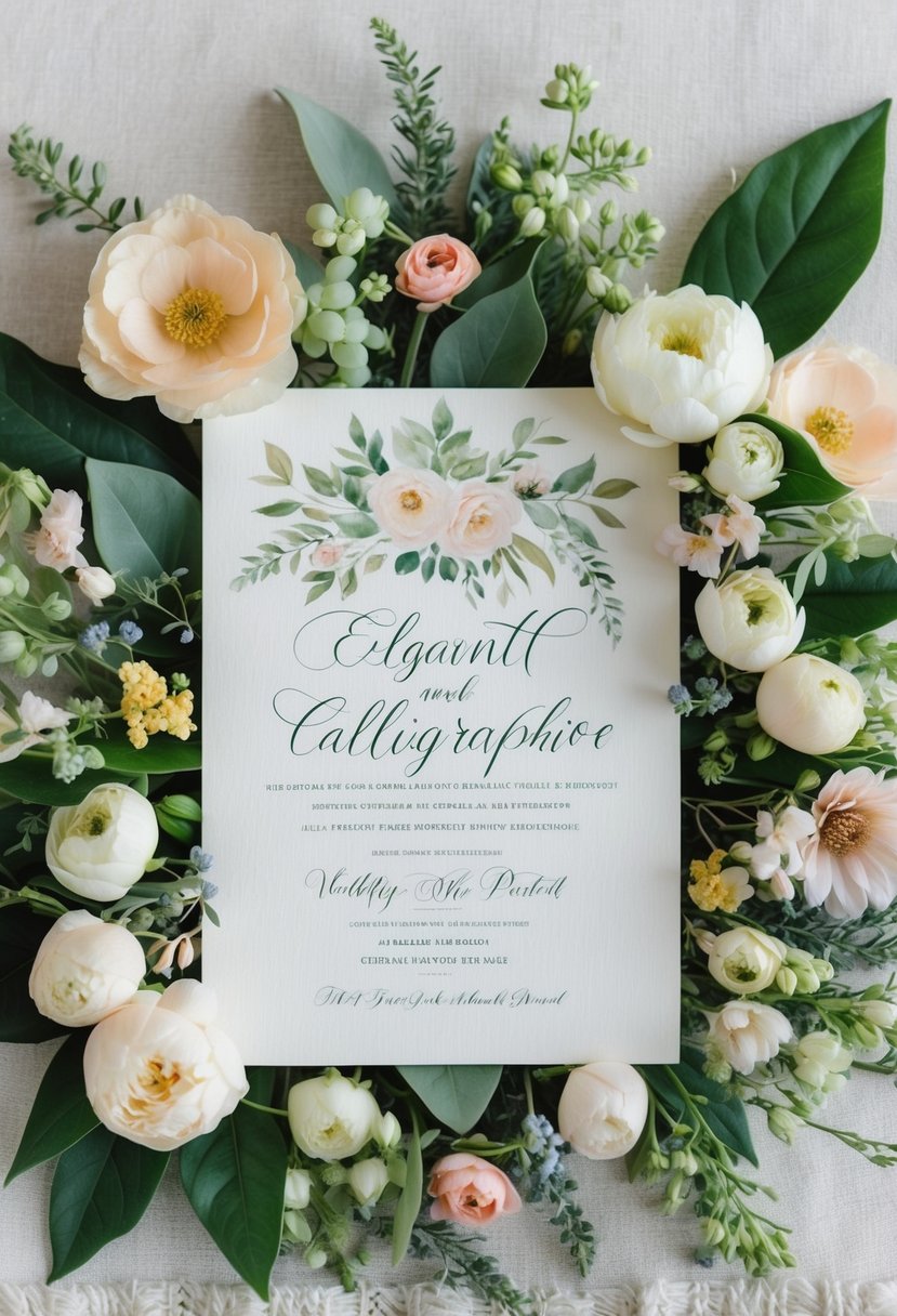 Lush botanicals in soft pastels surround delicate calligraphy on an elegant wedding invitation