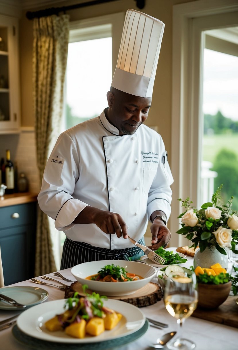 A private chef prepares an elegant dinner in a cozy home for a 40th wedding anniversary celebration