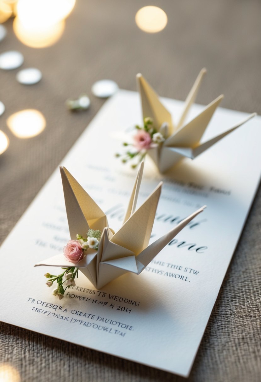 A pair of delicate origami cranes, intricately folded and arranged with floral accents, sit atop a pristine white wedding invitation