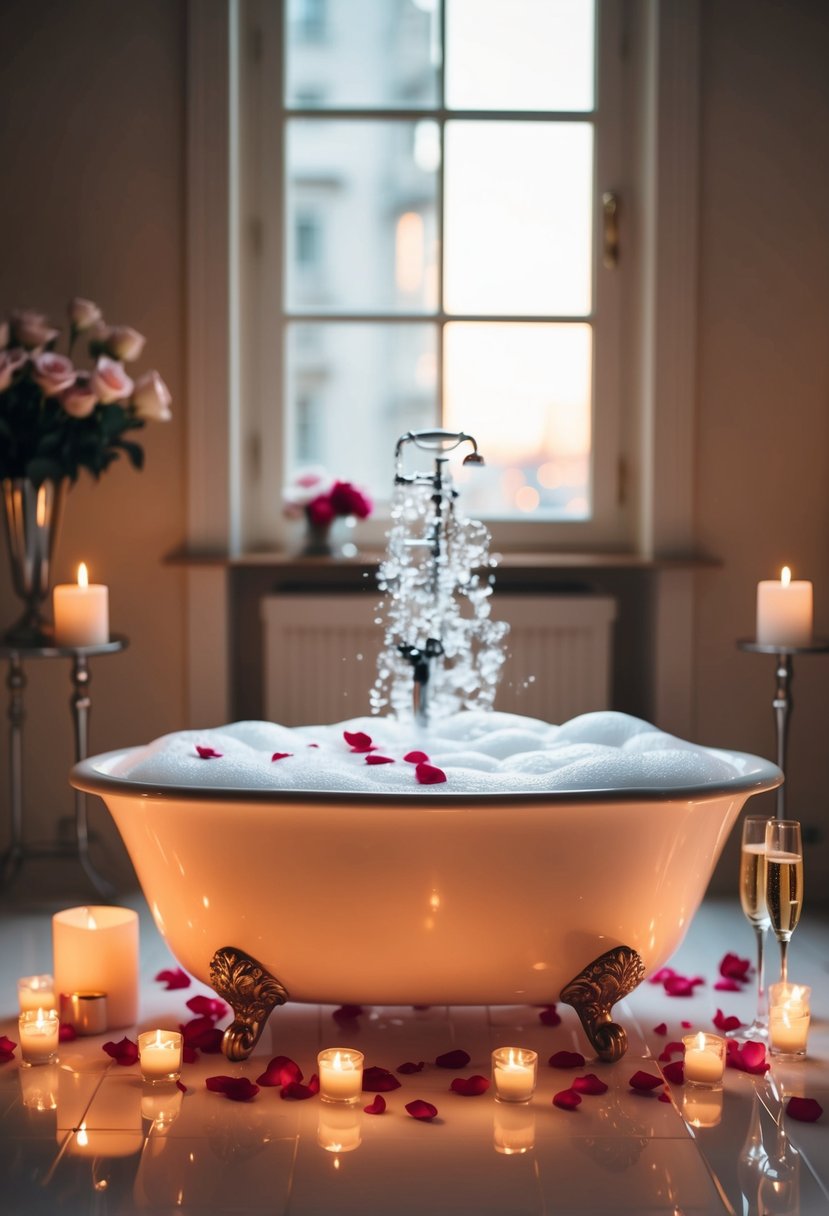 A candlelit bubble bath with rose petals scattered on the surface, champagne chilling on the side, and soft romantic music playing in the background