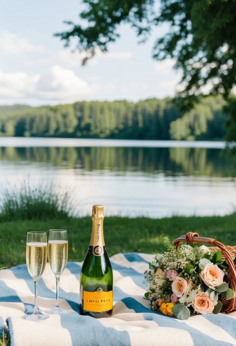 A picnic blanket spread out with a bottle of champagne, two glasses, and a bouquet of flowers set against a backdrop of a serene lake and lush greenery