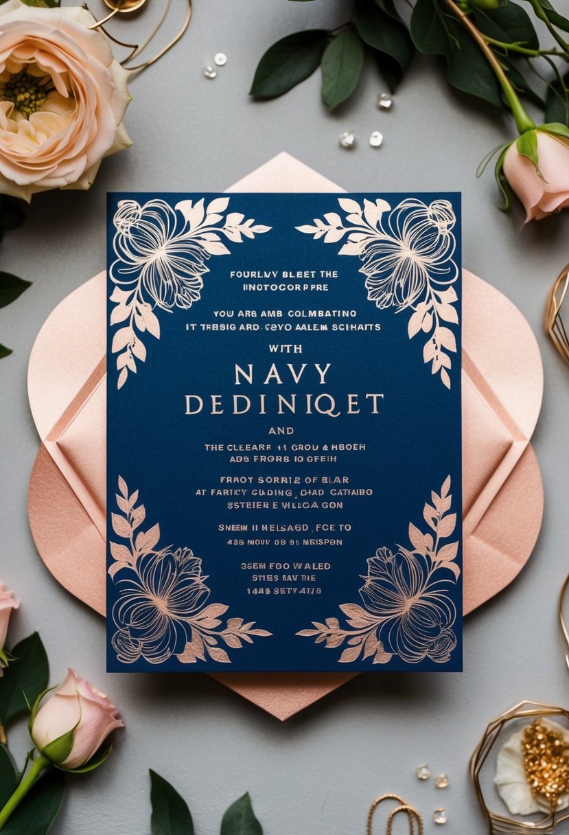 A navy blue and rose gold themed wedding invitation with elegant and intricate designs, featuring floral patterns and metallic accents