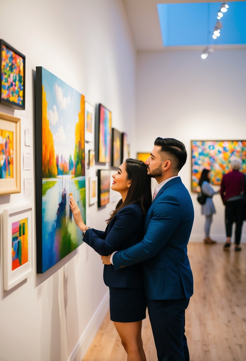 A couple admires a painting in a well-lit art gallery filled with colorful and diverse artwork