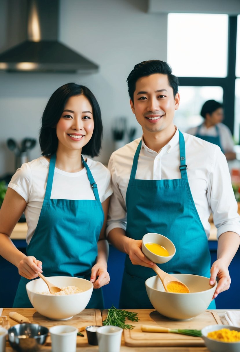 A couple stands side by side at a cooking class, each holding a mixing bowl and wooden spoon. Ingredients and utensils are spread out on the counter