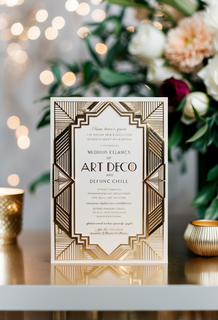 A luxurious Art Deco wedding invitation with intricate geometric patterns and elegant design elements