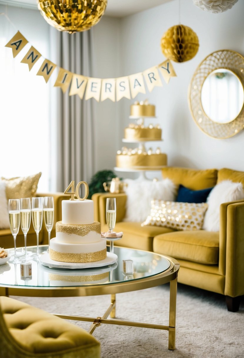 A festive living room with gold and white decorations, a "40th Anniversary" banner, and a table set with champagne glasses and a tiered cake