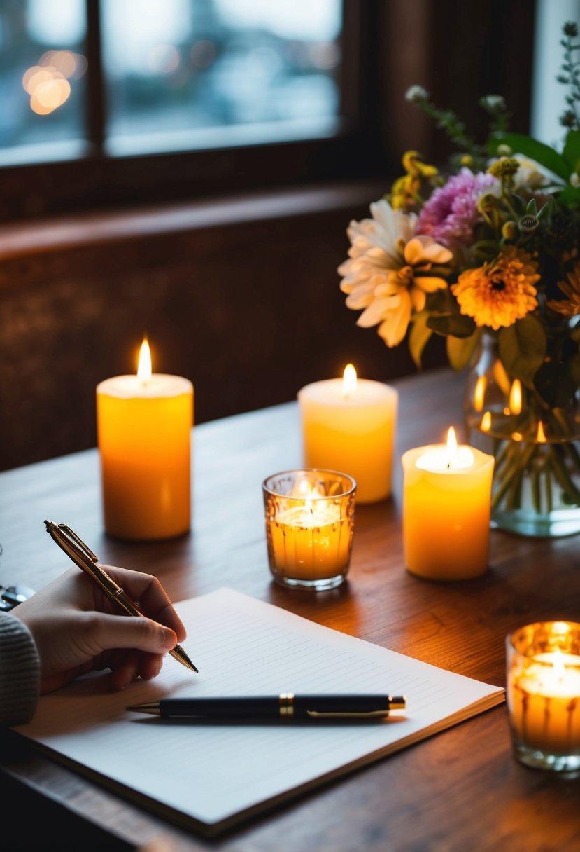 A cozy table set with pen and paper, surrounded by flickering candles and a vase of fresh flowers