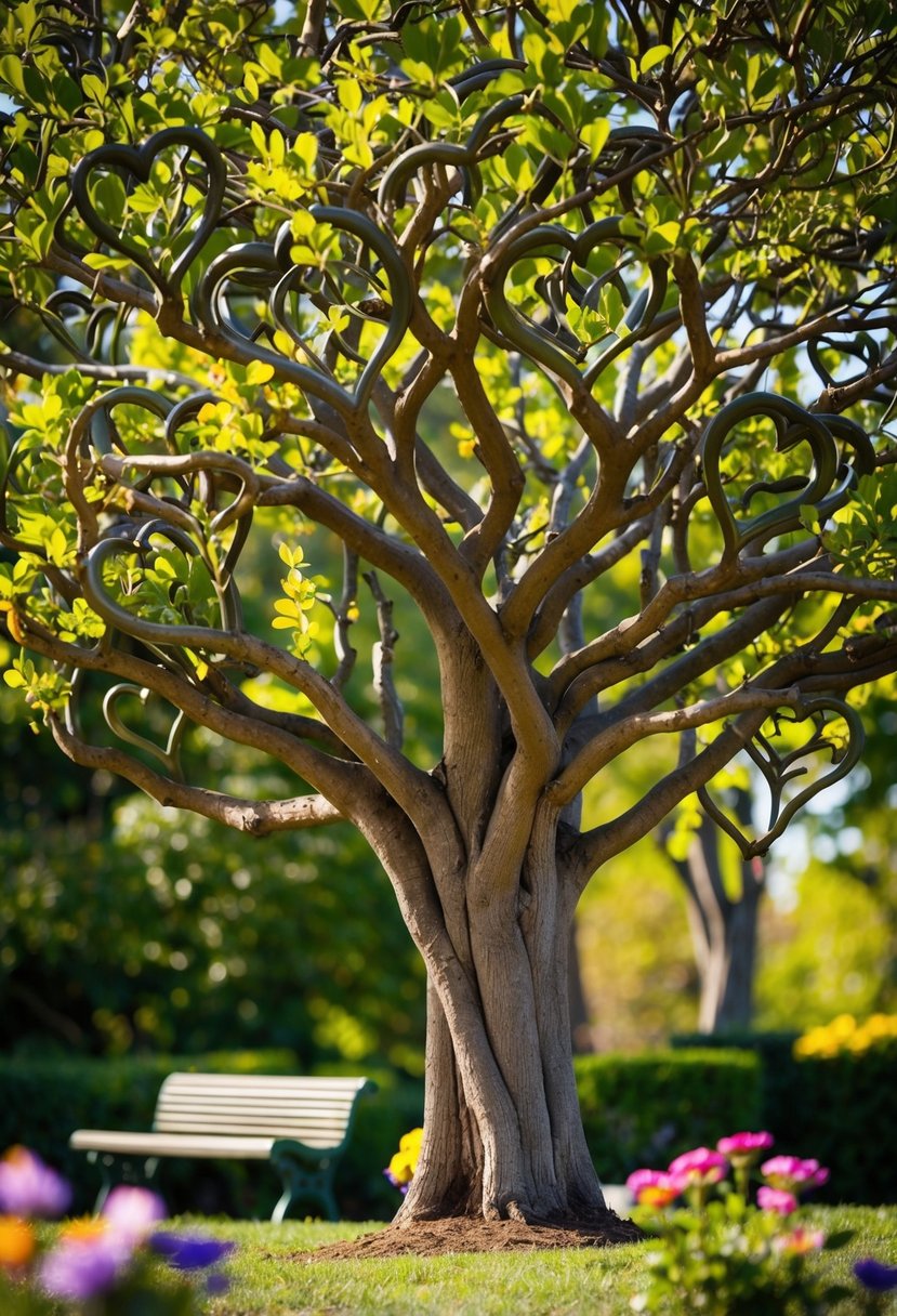 A mature tree with heart-shaped leaves and intertwined branches, surrounded by colorful flowers and a bench underneath