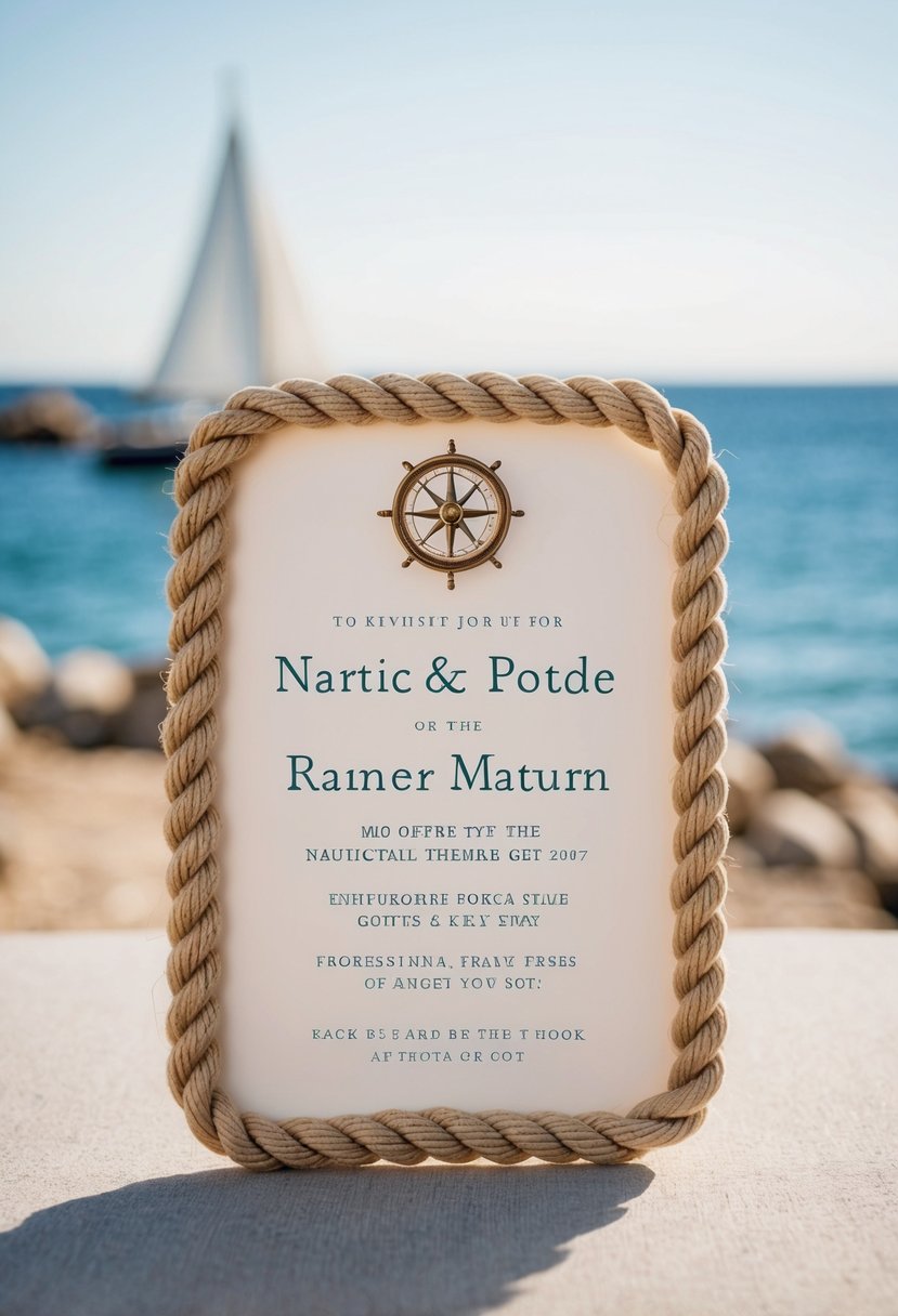 A nautical-themed invitation with intricate rope details set against a backdrop of a serene seaside landscape with a sailboat on the horizon