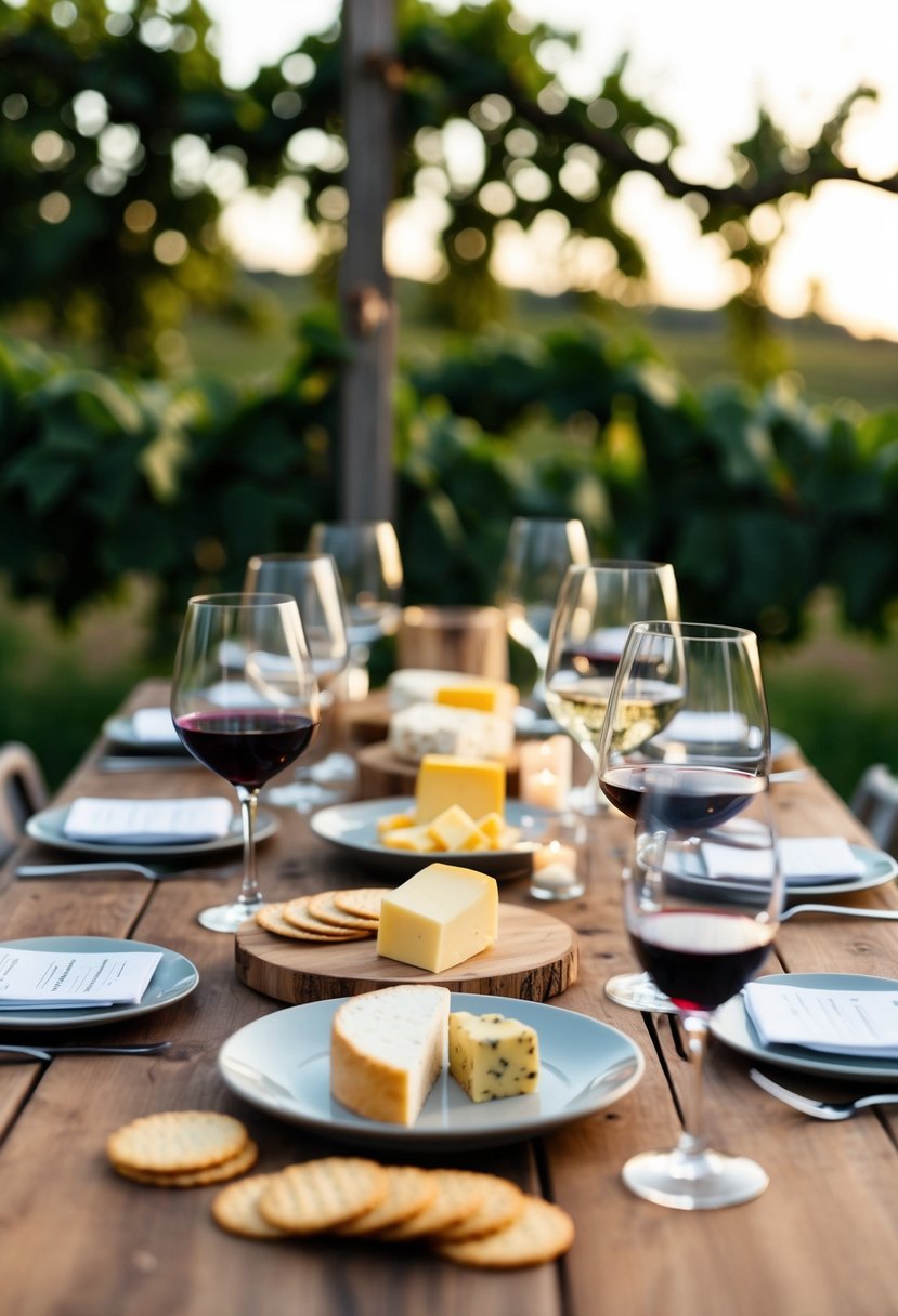 A table set with various cheeses, crackers, and wine glasses. A rustic vineyard backdrop with soft lighting and a cozy, celebratory atmosphere