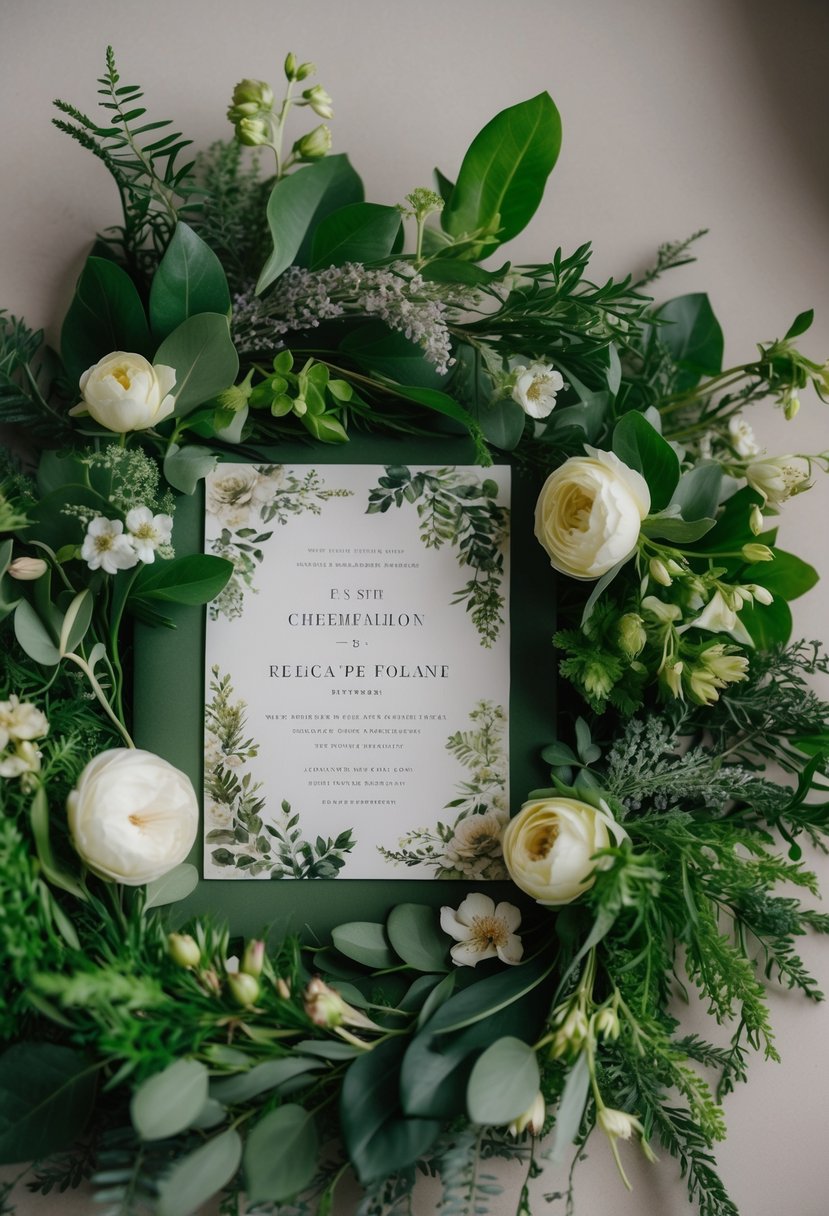 Lush greenery and foliage intertwined with delicate florals, creating an elegant and romantic wedding invitation design