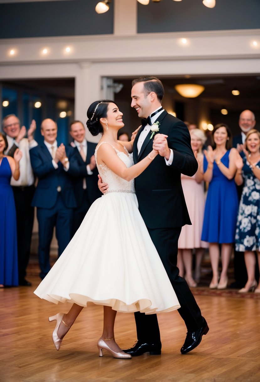 A couple gracefully waltzing in a ballroom, surrounded by friends and family cheering and clapping