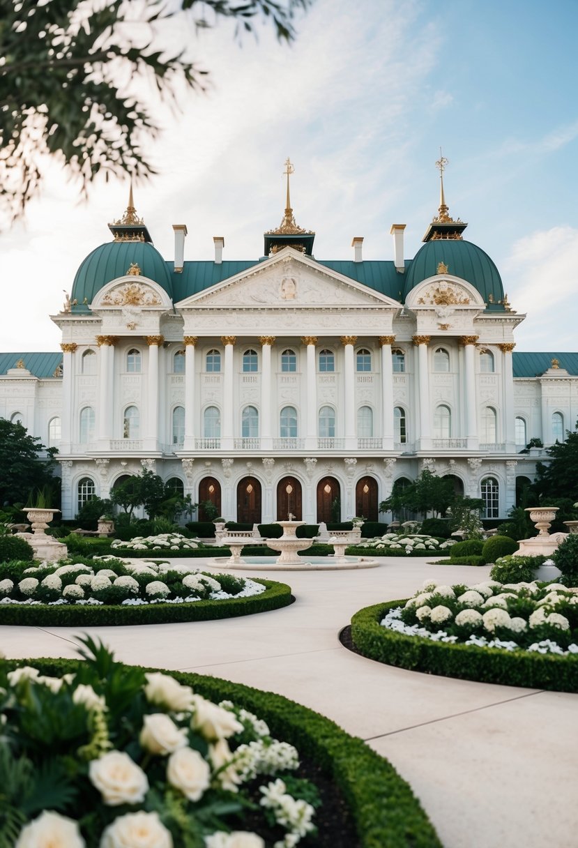 A grand, ornate wedding venue with lush landscaping and intricate architectural details