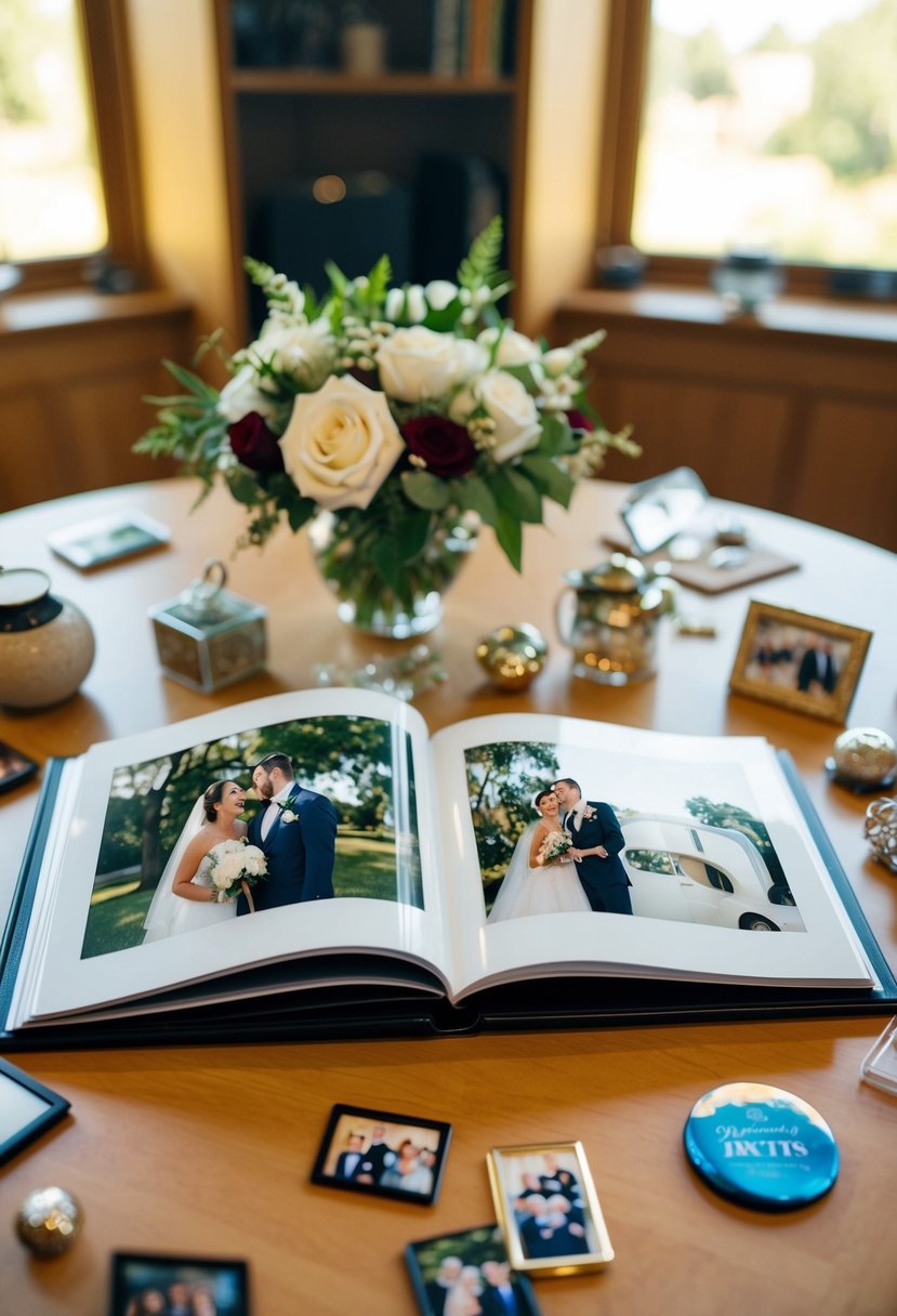 A couple's wedding photo album open on a table, surrounded by mementos and trinkets from their 40 years together