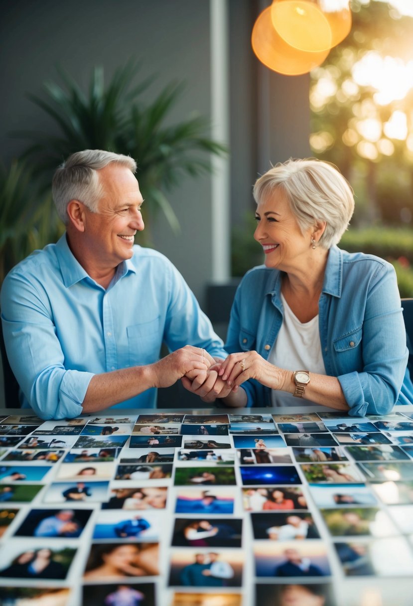 A couple sits at a table covered in photos, holding hands and smiling as they craft a playlist of songs from their 40 years together