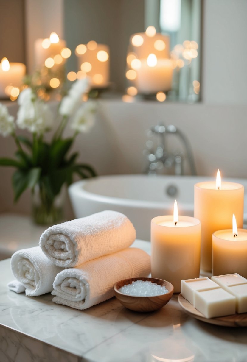 A serene bathroom with candles, bath salts, and fluffy towels set up for a relaxing spa day at home for a 40th wedding anniversary celebration