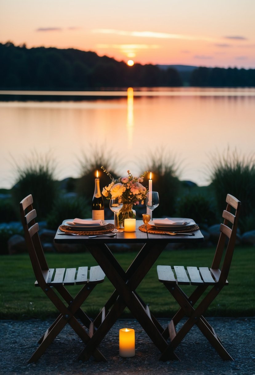 A cozy table set with flowers, candles, and a bottle of wine. Two chairs facing a serene sunset view over a calm lake