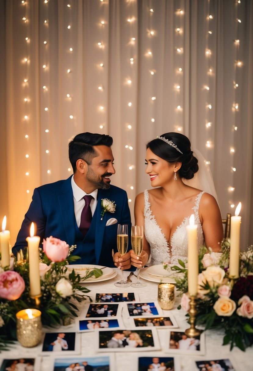 A couple sitting at a candlelit table adorned with flowers and champagne, surrounded by photos from their 40 years together