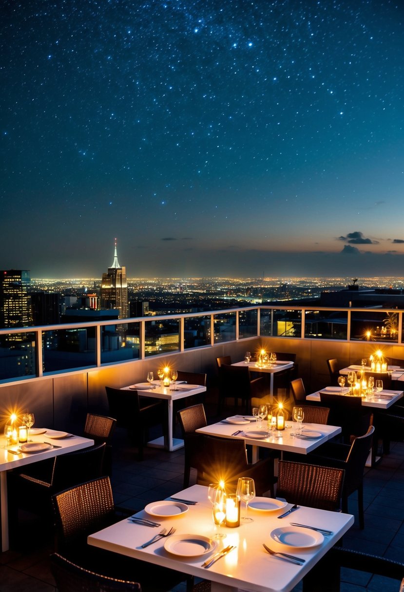 A rooftop restaurant with panoramic city views, candlelit tables, and a starry night sky