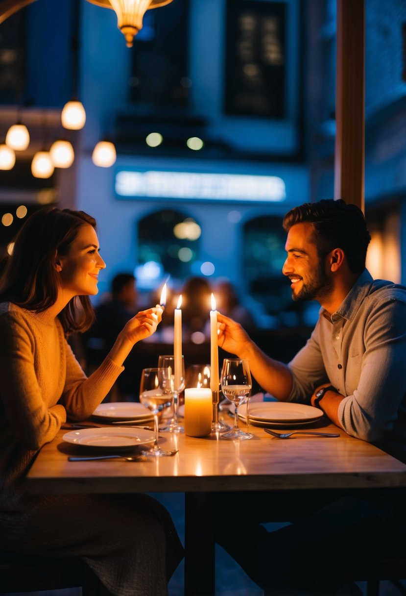 A couple sits at a candlelit table in a cozy restaurant, surrounded by soft music and dim lighting, reminiscing about their first date