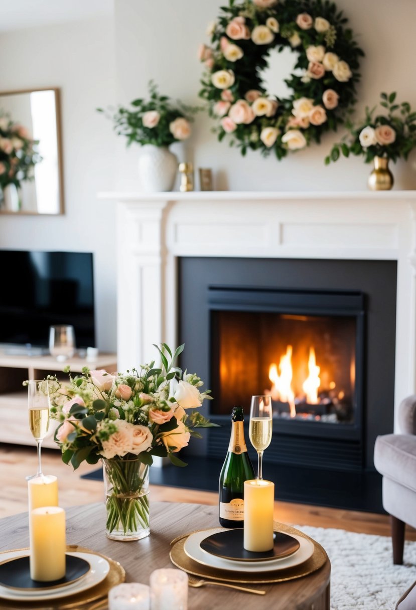 A cozy living room with a fireplace, a vase of fresh flowers, and a table set for two with candles and a bottle of champagne