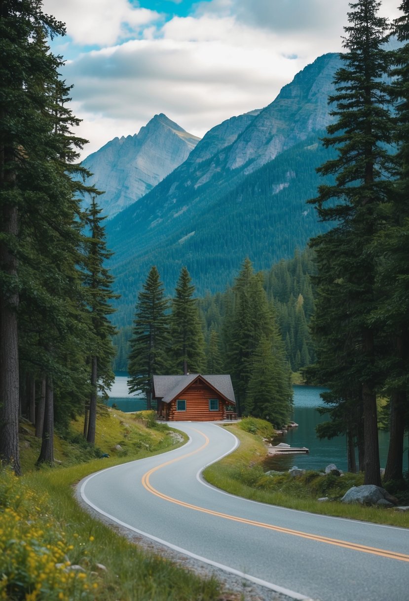 A winding road through lush mountains, leading to a serene lakeside cabin nestled among tall pine trees