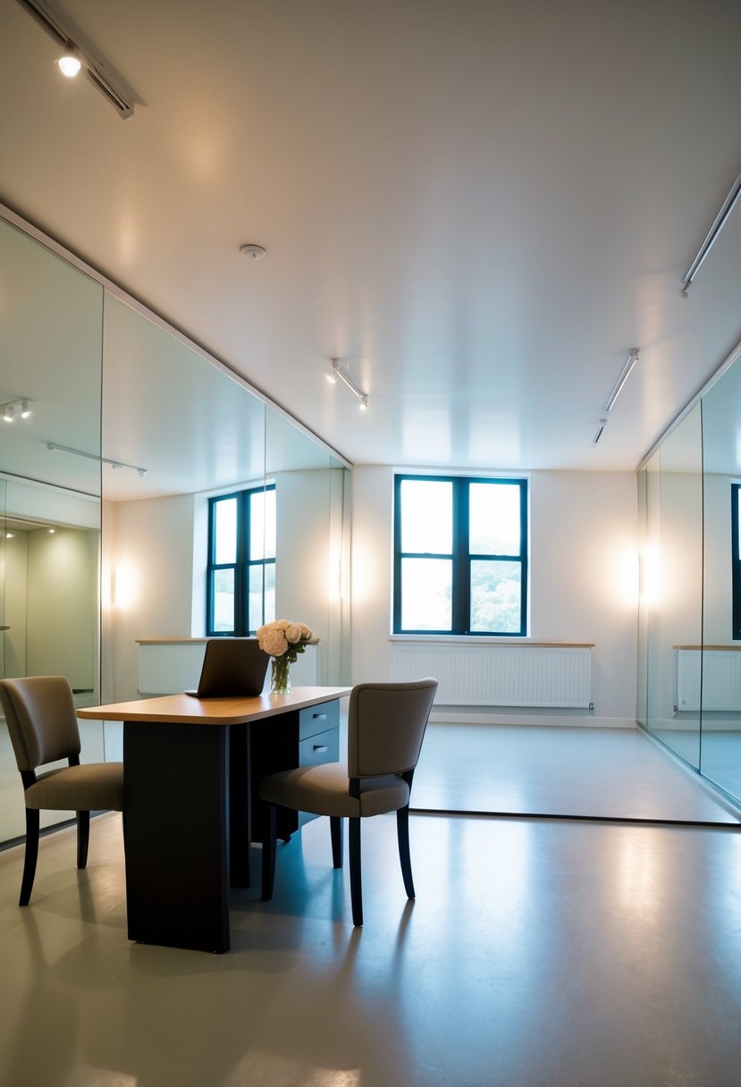 A cozy dance studio with a sign-up desk, two chairs, and a large open floor space surrounded by mirrors and soft lighting