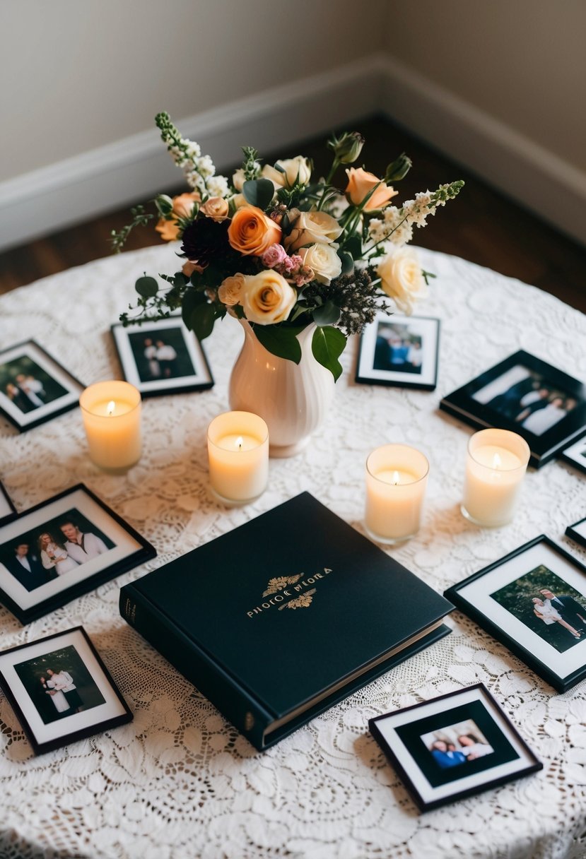 A table set with a lace tablecloth, a vase of flowers, and a photo album surrounded by candles and framed pictures