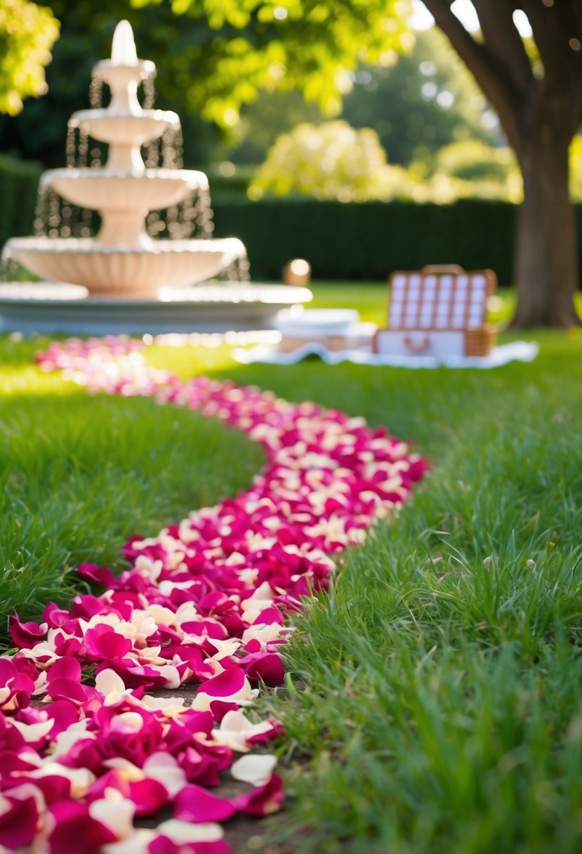 A trail of rose petals leads through a garden, past a fountain, and ends at a picnic set up under a tree