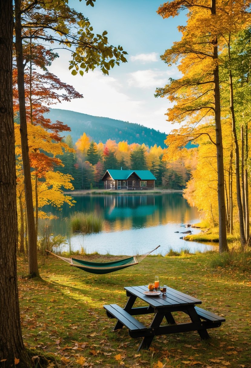 A cozy cabin nestled in a forest clearing, surrounded by colorful autumn foliage and a serene lake, with a picnic table set for two and a hammock swaying in the breeze