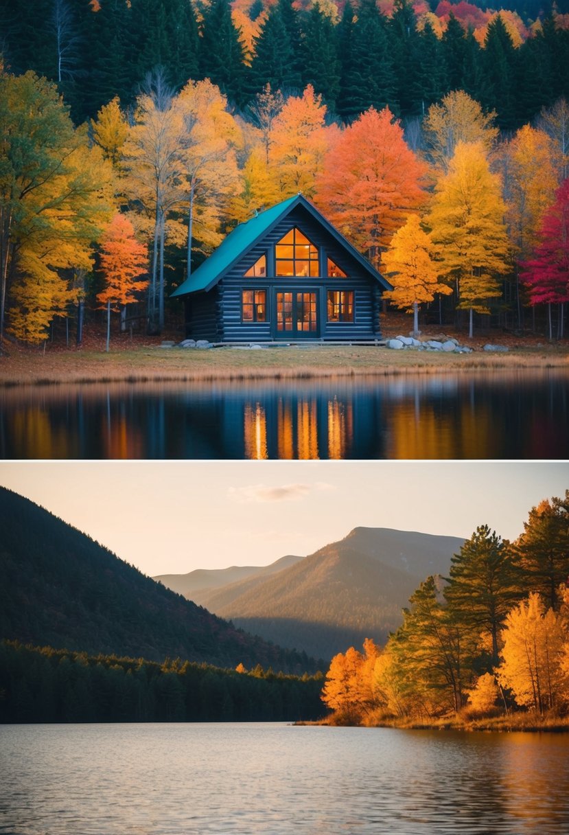 A cozy cabin nestled in a forest clearing, surrounded by colorful autumn foliage and a serene lake. A warm fire burns inside, casting a soft glow through the windows