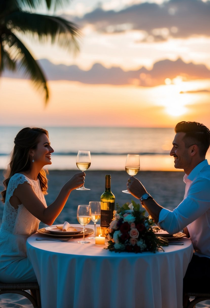 A couple enjoying a candlelit dinner on a beach at sunset, with a bottle of wine and a bouquet of flowers on the table